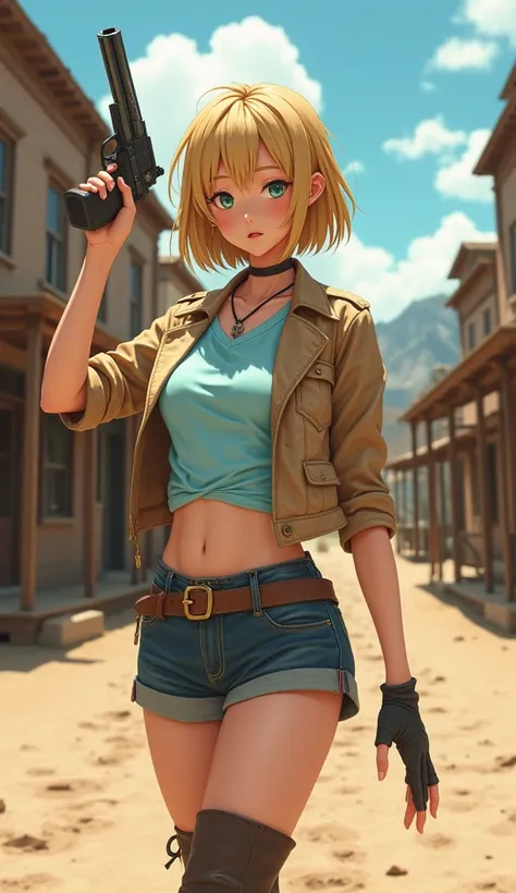  Japanese、、 pretty girl、 long, thin, and beautiful eyes 、 cowboy hat 、Blonde Bob Cut、 long face framing piece  、 winking、Wear a short blouson 、Light blue T-shirt、 shorts、 long boots、 with the elbow of the arm holding a handgun bent and pointing the muzzle ...