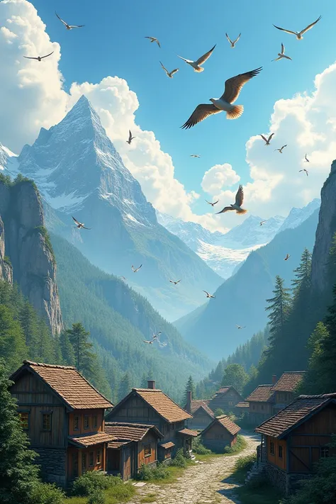 Pictures of a mountain village and a plane of realistic flying birds
Formato 9:16