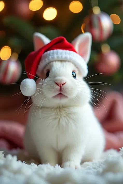 A tiny, fluffy white bunny with the sweetest little pink nose, wearing a slightly oversized Santa hat that tilts adorably to one side. It’s sitting on a soft, snowy blanket beside a glowing Christmas tree covered in twinkling golden lights and candy cane o...