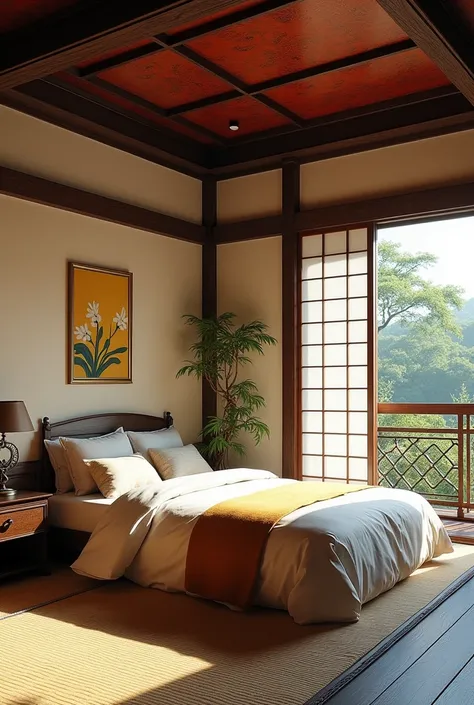 Create a Japanese room .  With the bed positioned on the right side diagonally .  Looking at the background of the room .  It creates the image based on the Nikkô Tôshô-gu sanctuary representative of Japan. with the colors (1.	dorado:  Used in decorative d...