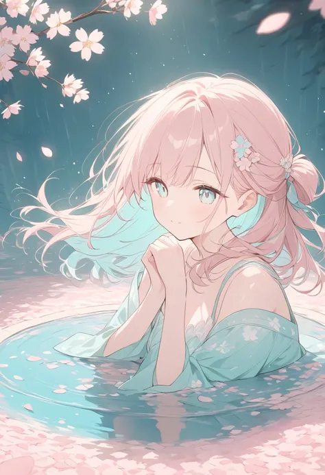 pale color and light line drawing 、 flat line design, Cherry blossom petals floating in a puddle 、 pastel colors 、Works based on pink 、 Beautiful Artwork 、Light effects、 Make you feel the warmth and freshness of spring風になびく髪,  half up hairstyle, 