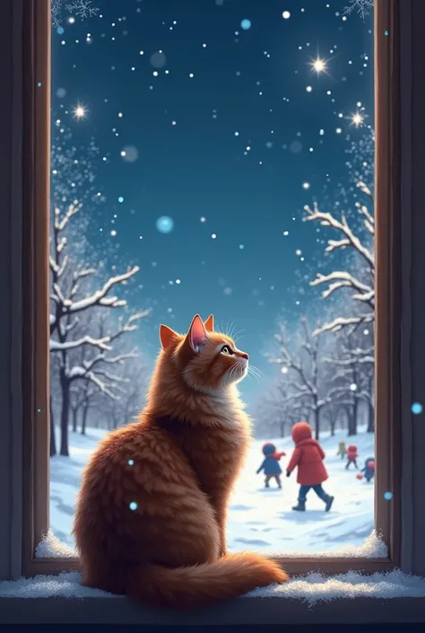 Cat,  sitting by the window looking outside, where s play snowballs ,  beautiful dark sky 