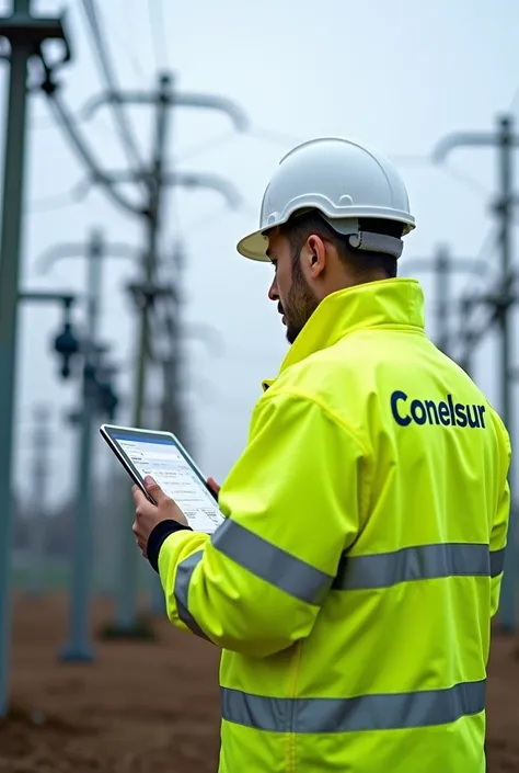 Transformer dressed in a reflective yellow jacket with the CONELSUR logo, with his white helmet , taken a tablet with safety formats ,  the transformer is supervising work on transmission lines  