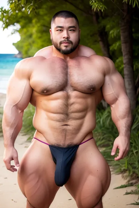 Japanese middle-age male, skinhead, shaved head, short goatee, bulky, muscler man, thick body, wearing thong, on the beach, sunrise