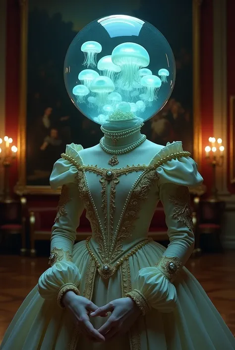 High-resolution surrealist photography inspired by classic museum paintings. An 18th-century noblewoman stands in a grand hall, dressed in a lavish gown adorned with pearls and intricate embroidery. Instead of her head, there’s a translucent glass sphere f...