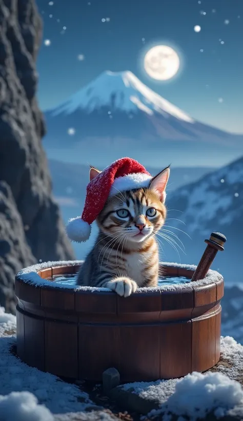 Realistic. Photorealistic. Image is vibrantly colored.
Photo,Highly detailed

A kitten is in an open-air bath, looking comfortable,
The kitten is drinking sake,
It is wearing a Christmas hat on its head,
An open-air bath in the mountains with rugged rocks ...