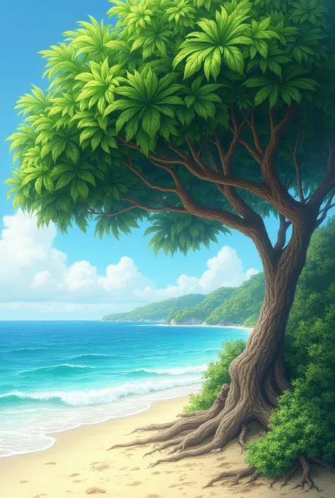 the beach,beige sand around,the ocean in the background,in the foreground there is a massive perfume tree,bright green large leaves under the perfume,detailed,realistic photo