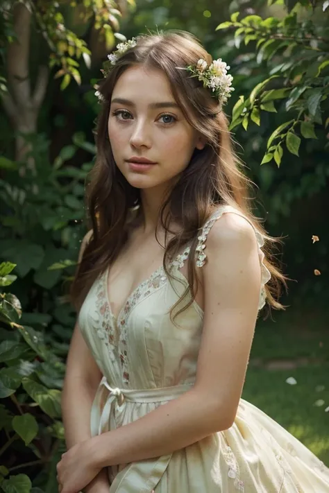 a young girl in a garden, 1girl, beautiful detailed eyes, beautiful detailed lips, extremely detailed eyes and face, long eyelashes, delicate facial features, serene expression, flowing dress, petals falling around her, lush greenery, soft natural lighting...