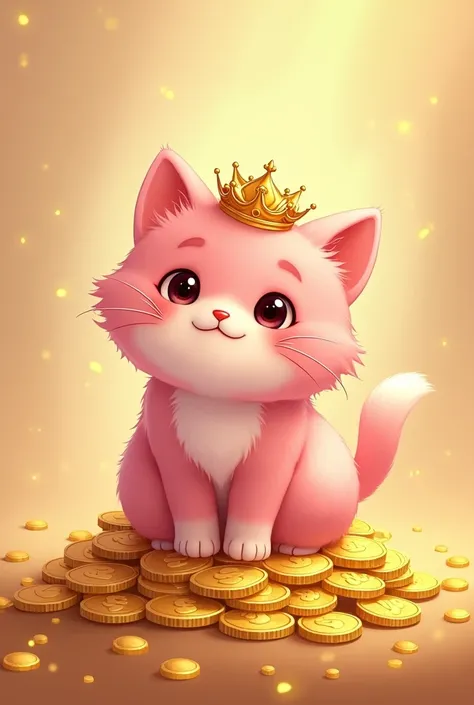 A fluffy pink cat wearing a crown, sitting on a pile of gold coins, cute anime style