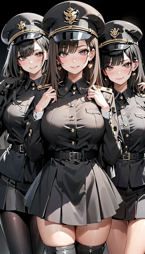    Multiple Girls, group picture, Four Girls, Standing side by side, (salute),  gold earrings,  Big Breasts ,  jewelry,   military cap , (uniform), (epaulet),  jacket, Harness,  seam,  black thigh high boots, ( layered skirt),   miniskirt, corruption,  hol...