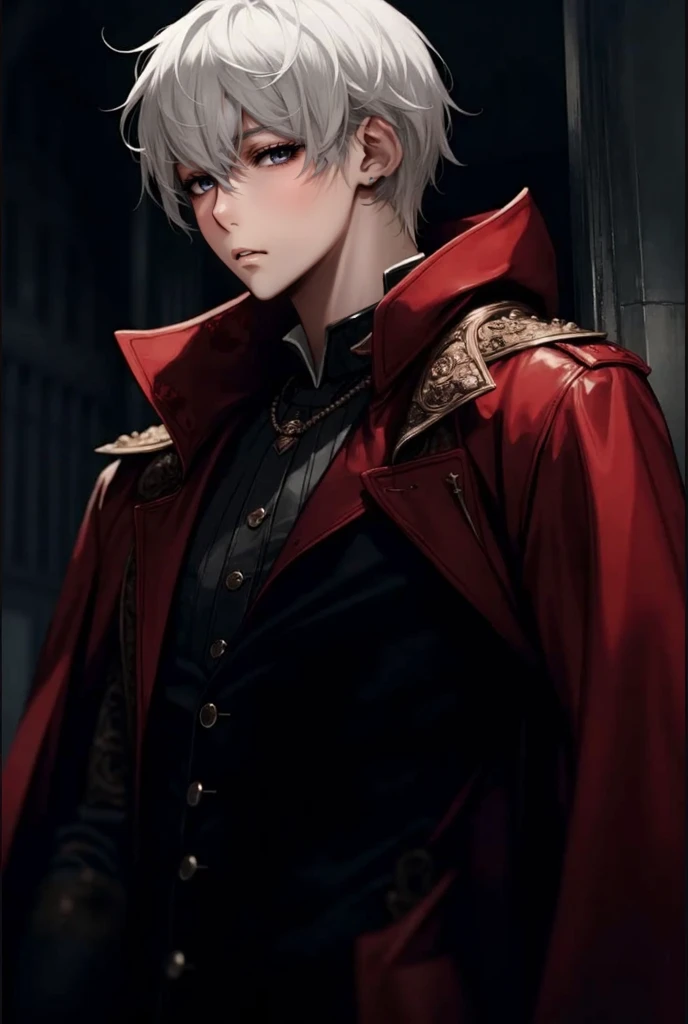  A man with white hair and red eyes, his pose is intimidating and he wields a sword with a black blade in his hand. Even so, he is extremely handsome. He wears a black overcoat .