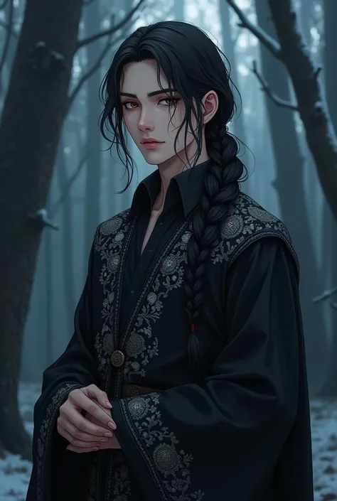  A guy aged 27 .  In anime style, he stands full-length . Tall (185-190 cm), slender yet muscular build.Noble and elegant appearance, inspired by Kim Taehyung (BTS) and Suguro Geto (Jujutsu Kaisen). dressed in Slavic clothes with black embroidered shirts. ...