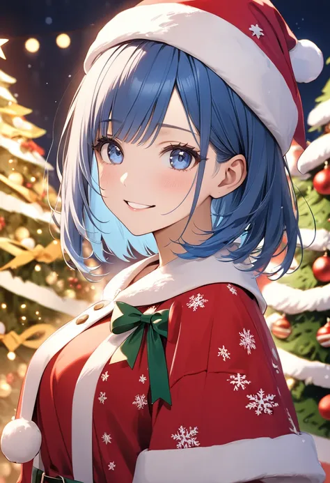 8k, Female Model,  Blue Hair ,Bob、 straight hair、   blue eyes,   Christmas themed background wearing Christmas clothes ,   Christmas tree ,  Wearing Christmas clothes  , Wearing a Christmas hat,  happy expression, Soft light