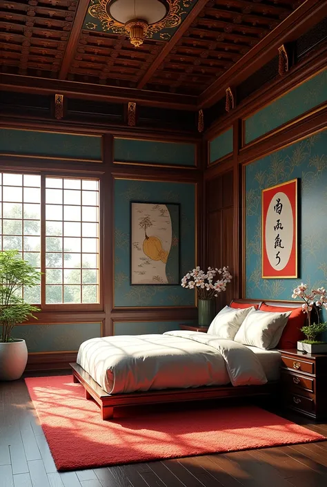 Create a Japanese room .  With the bed positioned on the right side diagonally .  Looking at the background of the room .  Create the image based on the Nikkô Tôshô-gu shrine representative of Japan. with the colors (1.	dorado:  Used in decorative details ...