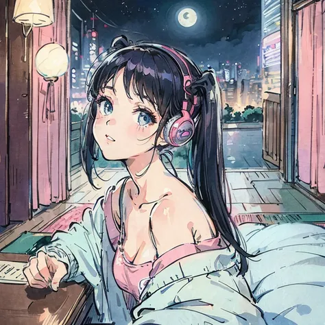  twin tails、 girl、night、room、moon、Woman wearing headphones、 nostalgic 、 80s city pop style illustration