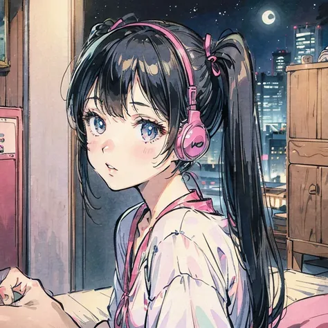  twin tails、 girl、night、room、moon、Woman wearing headphones、 nostalgic 、 80s city pop style illustration