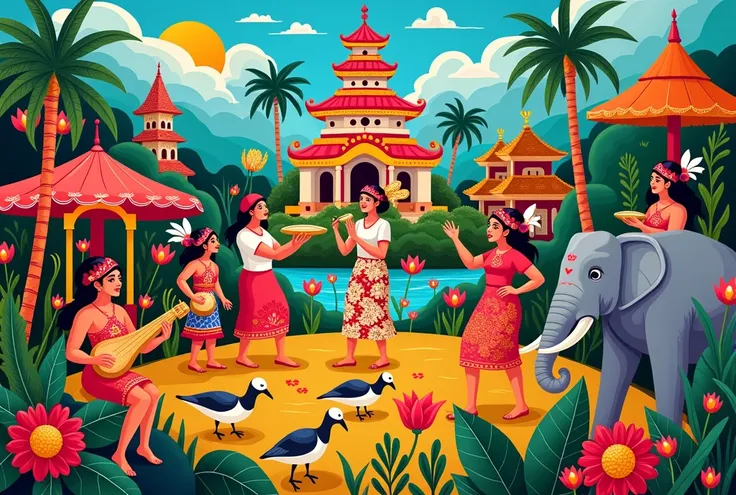 A playful, naive-style painting depicting the rich cultural heritage of Indonesia. The artwork features whimsical, colorful representations of traditional elements such as people playing the Angklung, performing Tari Piring (Plate Dance), and engaging in P...