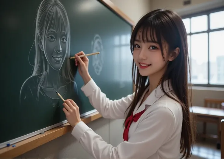  super realistic, Photographically,  dramatic scene , shadow, Global Illumination, Alone, ( 20-year-old famous Japanese idol :1.5),   wearing a great work using a blackboard as a canvas  ,  Very cute but boyish, good-looking and so beautiful  ,  Shes a Jap...