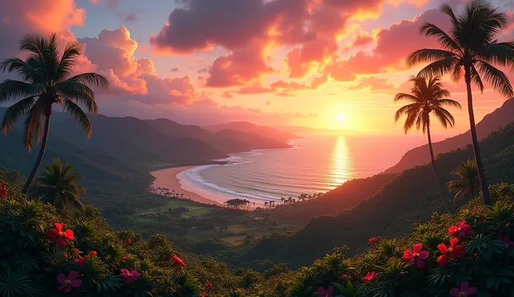 a Hawaiian landscape with a sunset