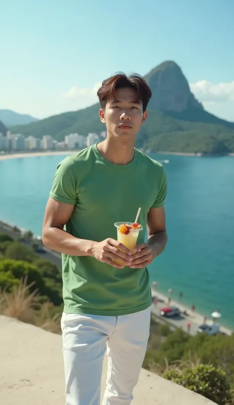  26-year-old Korean boy ,  with brown hair and defined physique ,  dressed in white jeans clothes ,plain green t-shirt,  standing on the edge of the cruise, with a Hawaiian drink in his hand ,  image as if he had taken the photo from his cell phone , a sel...