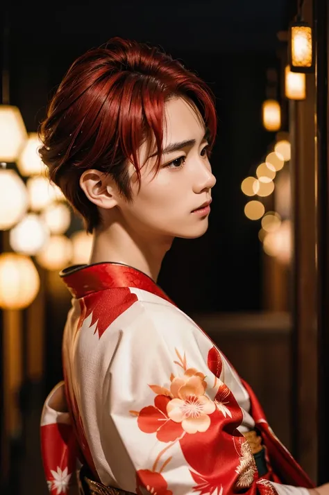 best quality, 8k, very delicate and beautiful, highly detailed face and skin texture, shiny skin, high resolution, red hair japanese man in kimono at night, sharp focus