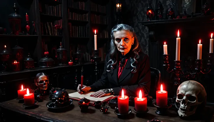 Well-dressed woman journalist, interviewing Old gloomy witch, House with skulls, black and red candles, low light, all gloomy.