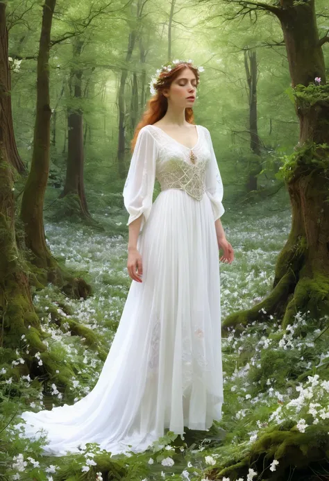 there is a woman in a white dress standing in the woods, in a whimsical fairytale forest, inspired by Arthur Hughes, persephone in spring, wearing a white flowing dress, dryad in the forest, lost in a dreamy fairy landscape, fey queen of the summer forest,...