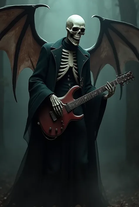 skull, in black clothes, With bat wings and vampire teeth, playing guitar 