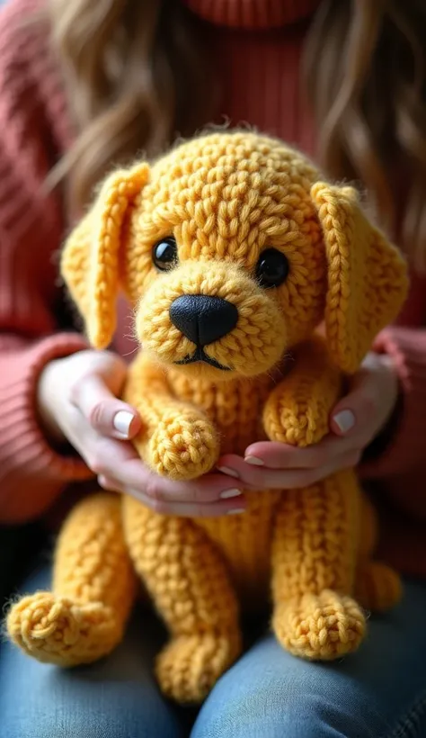  Very detailed and photorealistic knitted puppy scene golden retriever ,  theme reminiscent of a realistic crochet ,  pillows gently stroked by a woman .  A woman with soft ,  Caring hands with visible texture and details ,  her fingers easily touch the ye...