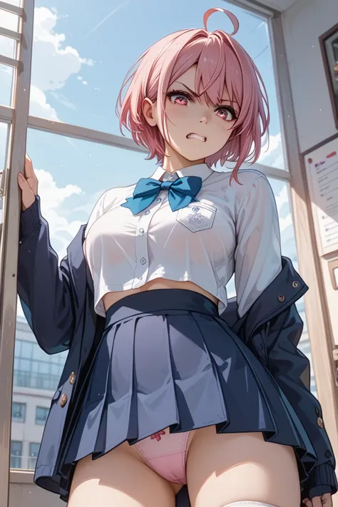  1 girl , Shiratori Aira,   Left Side Asymmetric Short Hair ,  Smooth Hair、Ahoge,   Pink Hair, Pink Eye, masterpiece、  best quality、 high school girl、Winter uniform、 low angle:1.2、Acrobatic perspective、Sexy underwear peeking out of a skirt、cute angry  、Med...