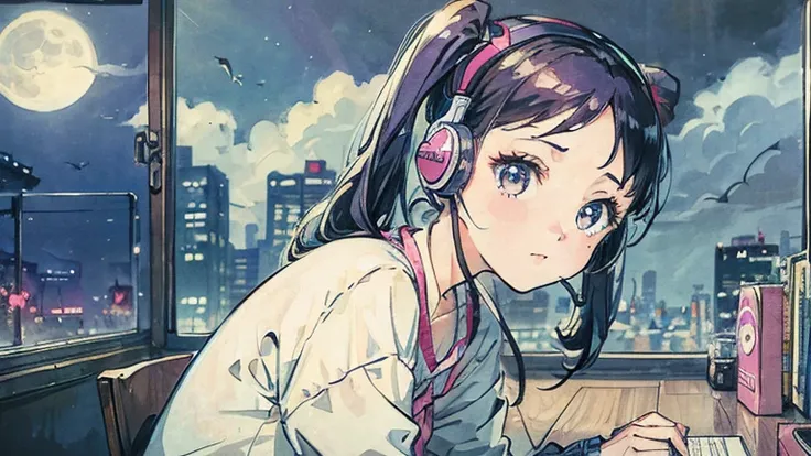  twin tails、 girl、night、room、moon、Woman wearing headphones、 nostalgic 、 80s city pop style illustration