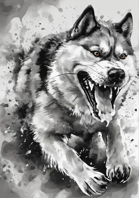 "Dynamic ink brushstroke style, black and white only: illustration by a professional illustrator, featuring an angry Shiba Inu baring its teeth, action shot, high detail, white background, sharp focus, full body, masterpiece, highly detailed, high quality,...