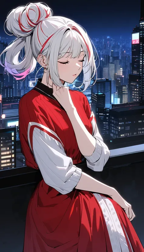 HD 8k Handsome sexy-cute, Solitary, 1 HD-8k Human focus female, Medium Length Hair, white hair, ponytail Rainbow hair bun, closed Eyes, R&B Relaxing stile, vibrant, cityscape, night, sexy red dress,