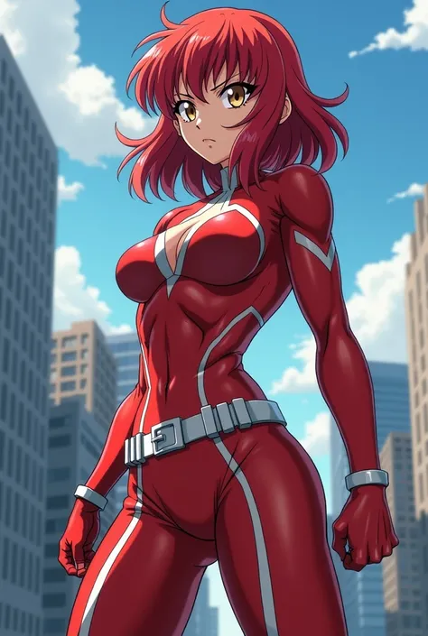  My Hero Academia Style ,   anime girl , woman, young woman ,  full body shot ,( Fighting Stance :1.3),Long Hair, Red Hair,   Brown Eyes , hero suit, Full Body Suit,  red suit with white details, perfect anatomy,  enhanced abs , super detailed,(building:1....