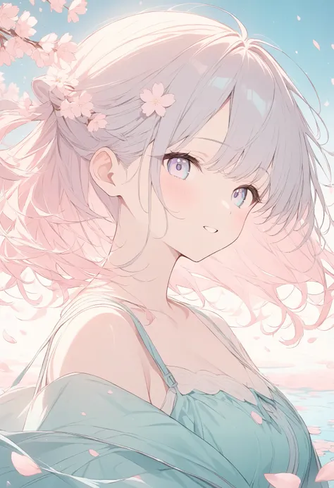 pale color and light line drawing 、 flat line design, Cherry blossom petals floating in a puddle 、 pastel colors 、Works based on pink 、 Beautiful Artwork 、Light effects、 Make you feel the warmth and freshness of spring風になびく髪,  half up hairstyle, 