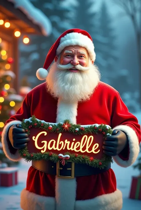 Santa Claus holding a Gabrielle name sign on a Christmas background 