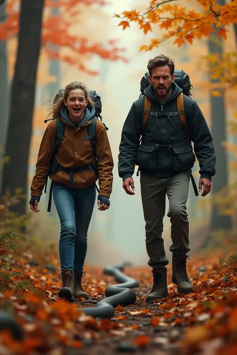 2 people walking through a forest during autumn season and are frozen with fear after seeing a snake pass through. Dont create a snake just the people amd their expressions. 