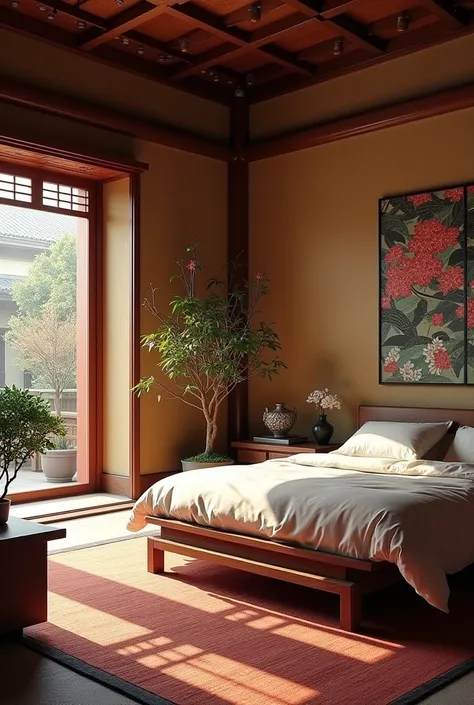 Create a Japanese room .  With the bed positioned on the right side diagonally .  Looking at the background of the room .  Create the image based on the Nikkô Tôshô-gu shrine Representative of Japan. with the colors (1.	dorado:  Used in decorative details ...