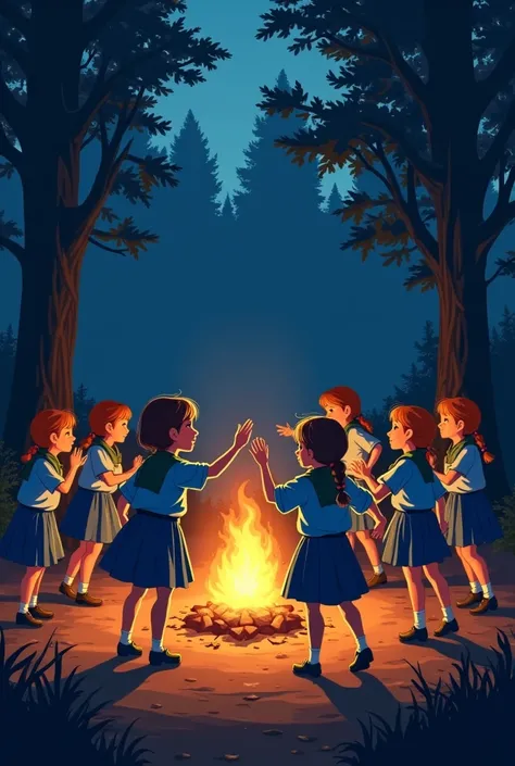 Des filles scouts en tenue bleu autour d’un feu de camp entrain de danser 