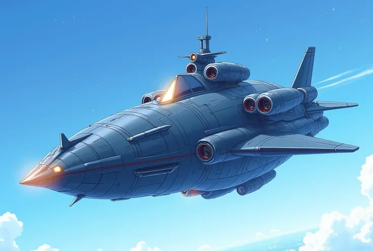 A giant robot airship flying through the vast blue sky, patrolling to protect the peace of the air while autonomously navigating. The body of the airship is primarily colored in navy blue and silver, giving it a calm yet high-end appearance, while the silv...