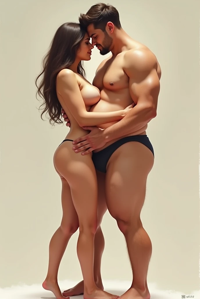 A tall and somewhat fat girl is holding a short and very skinny man, wearing only a swimsuit, and he is wearing only underwear, and he is touching her stomach.