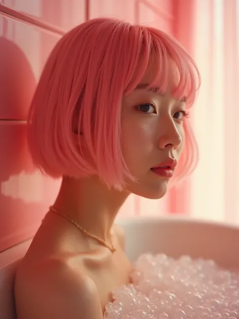 a japanese young woman, young face, pink bobcut hair, wet hair, bangs, nude, pink bathroom, in bathtub, bubble, imperfect details, shot on Leica, analog, 35mm:artistic light leaks, lens flare:4 --style raw --s 150 --c 4