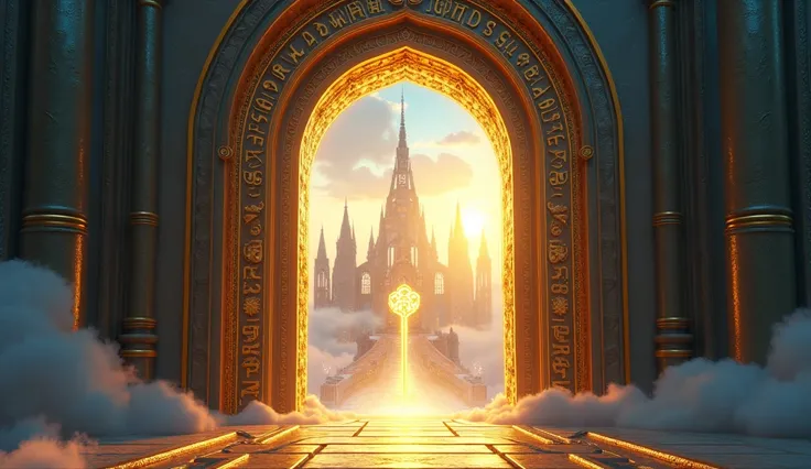  A brilliant heavenly city seen through an ajar portal.  The portal is decorated with ancient runes and gold details ,  while rays of golden and blue light illuminate the scenery . At the entrance, there is a golden key hanging .