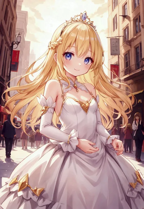  girl、Blonde、 flat chested、smile、princess、 tiara 、 gorgeous dresses、city