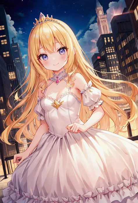  girl、Blonde、 flat chested、smile、princess、 tiara 、 gorgeous dresses、city