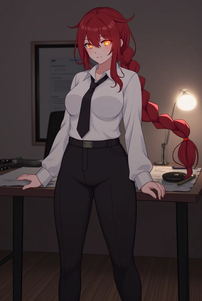 makima_v1, 1girl, red hair, ringed eyes, braided ponytail, solo, black necktie, shirt, collared shirt, black_pants, glowing eye, (big_ass), masterpiece, ultra-detailed, ultra-details, ultra Detail, best quality, glowing, glowing eyes, glowing skin, glowing...