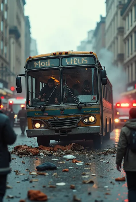 Make an ultra realistic scene of an accident in which the bus crashes