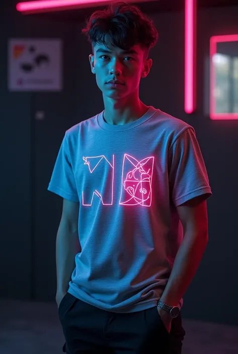 Give me a image of gray colour t shirt with neon light 