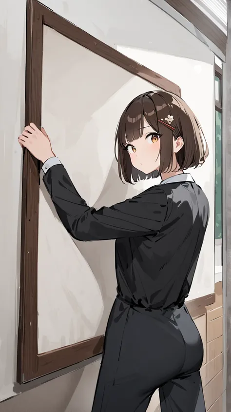  standing, 1 girl , Brown Hair, short bob, hairpin, hold a large whiteboard with both hands, Show the whiteboard to the viewer , living room ,masterpiece, Very Aesthetic,up to date,