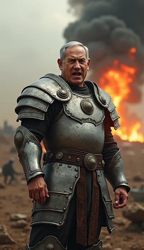 An AI generated Map of Israel then add the image of Israel PM Benjamin nitanyahu While wearing a metal court of Warrior and in angry on Israel Map, background should be War like 